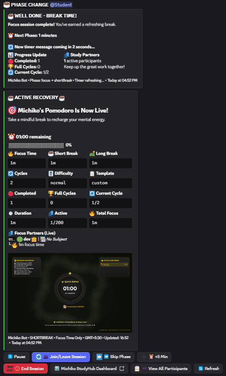 Michiko Advanced Pomodoro Timer - Best Discord Study Bot Focus System